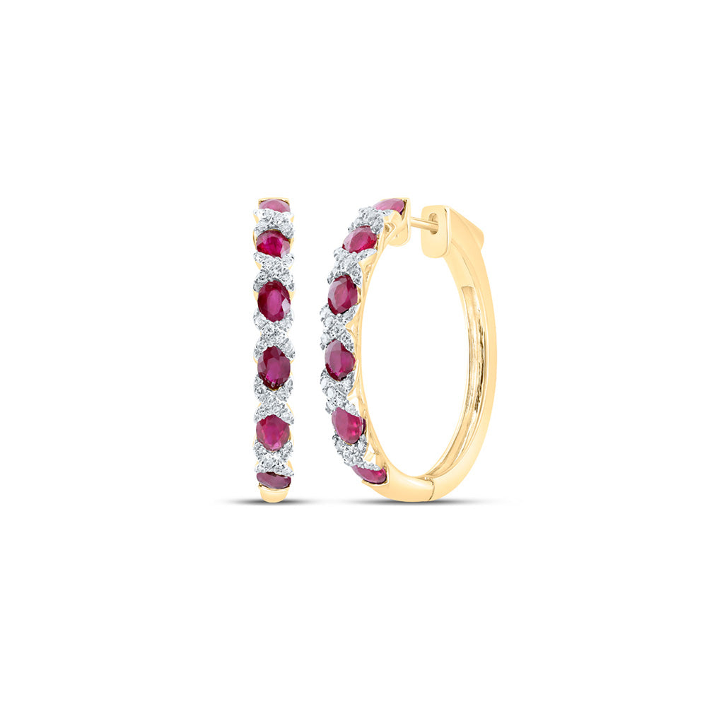 14K Yellow Or White Or Rose Gold Womens Oval Ruby Diamond Hoop Earrings