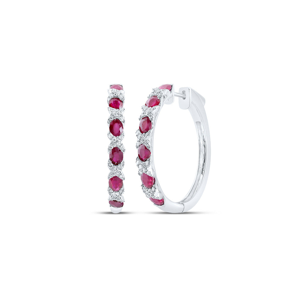 14K Yellow Or White Or Rose Gold Womens Oval Ruby Diamond Hoop Earrings