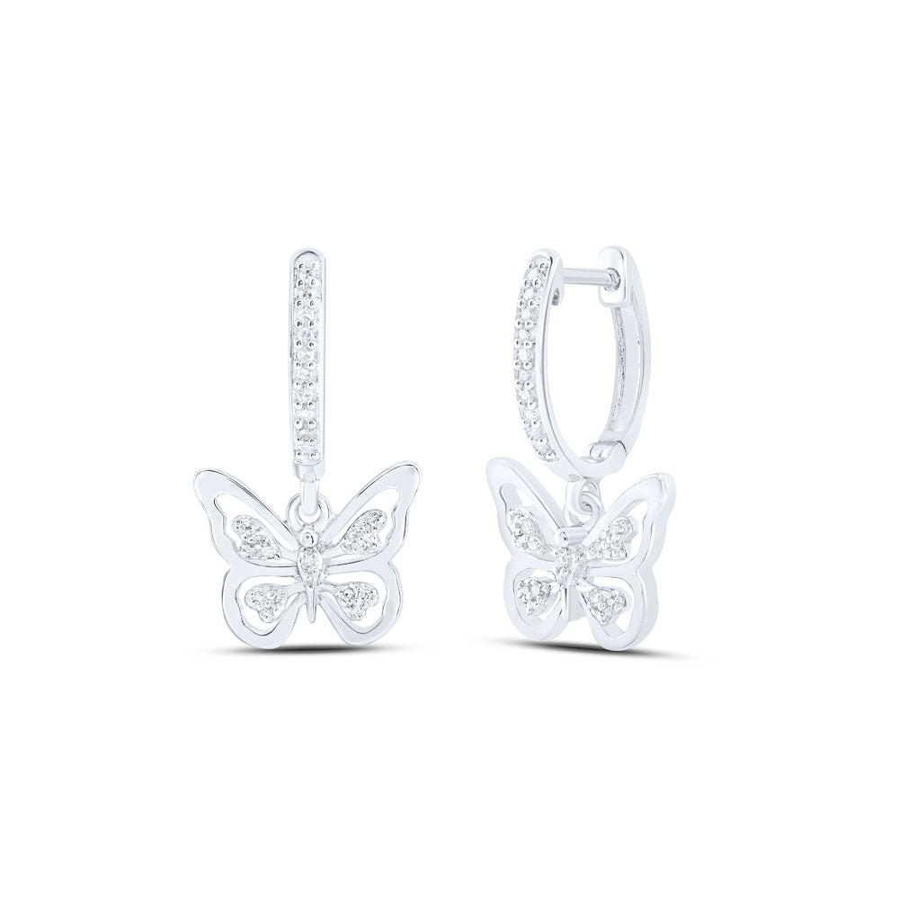 10K Yellow Or White Or Rose Gold Womens Round Diamond Butterfly Hoop Dangle Earrings