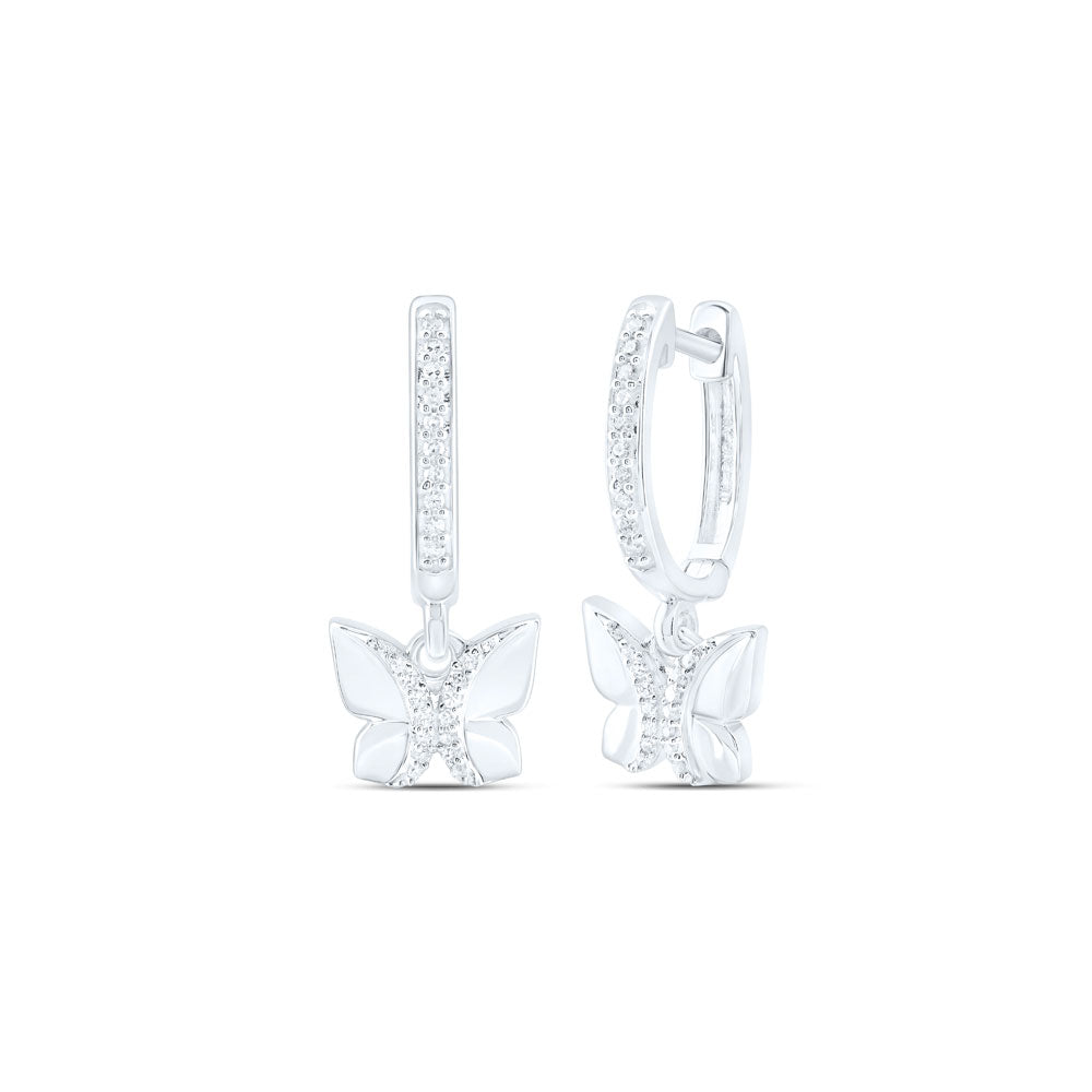 10K Yellow Or White Or Rose Gold Womens Round Diamond Butterfly Hoop Dangle Earrings