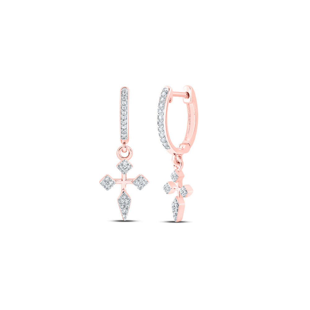 10K Yellow Or White Or Rose Gold Womens Round Diamond Cross Hoop Dangle Earrings