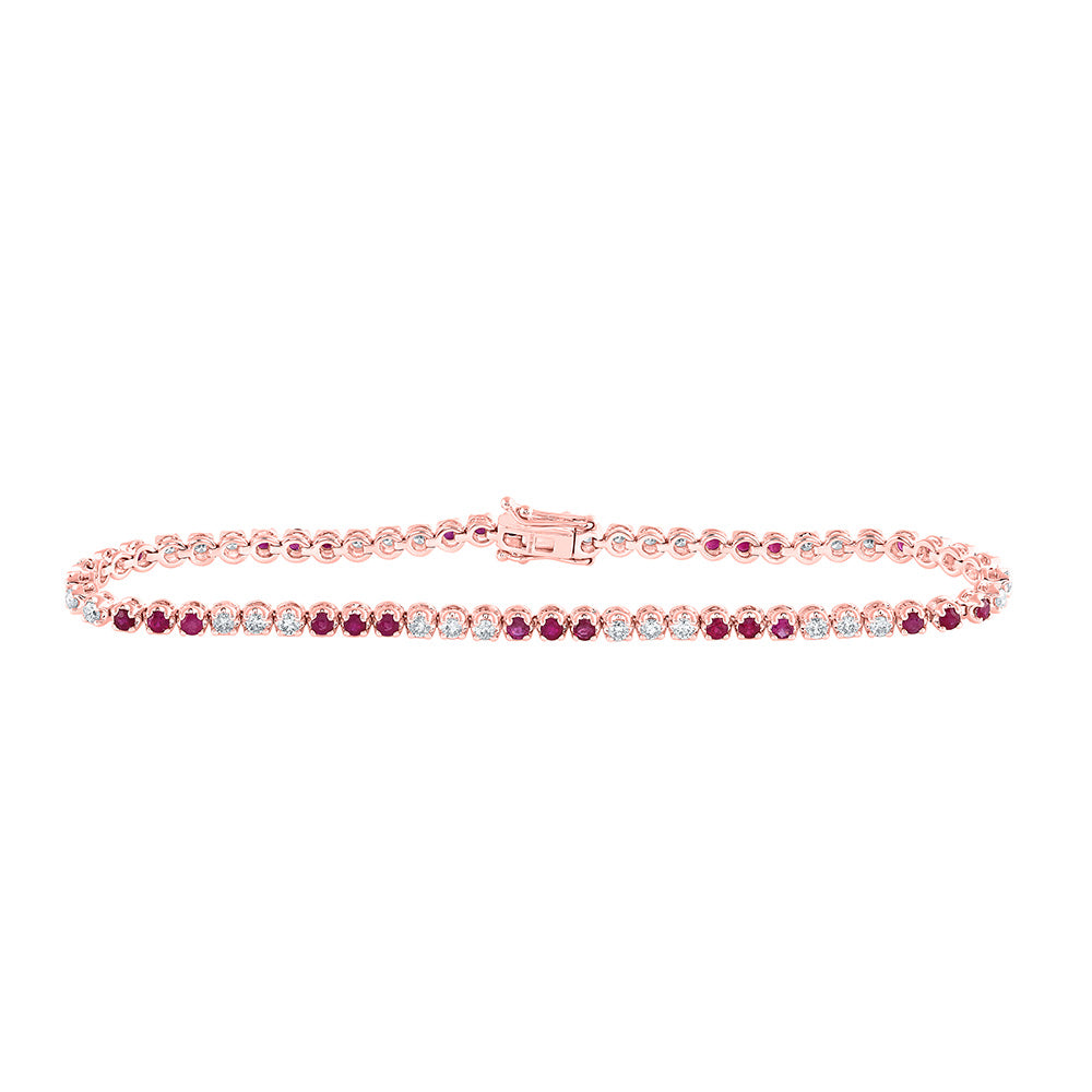 14K Rose Gold Womens Round Ruby Diamond Single Row Tennis Bracelet 2-1/4 Cttw