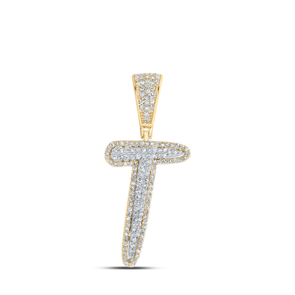 10K Two-tone Gold Mens Round Diamond Initial Letter Charm Pendant
