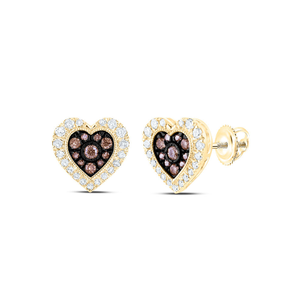10K Yellow Or Rose Gold Womens Round Brown Diamond Heart Earrings