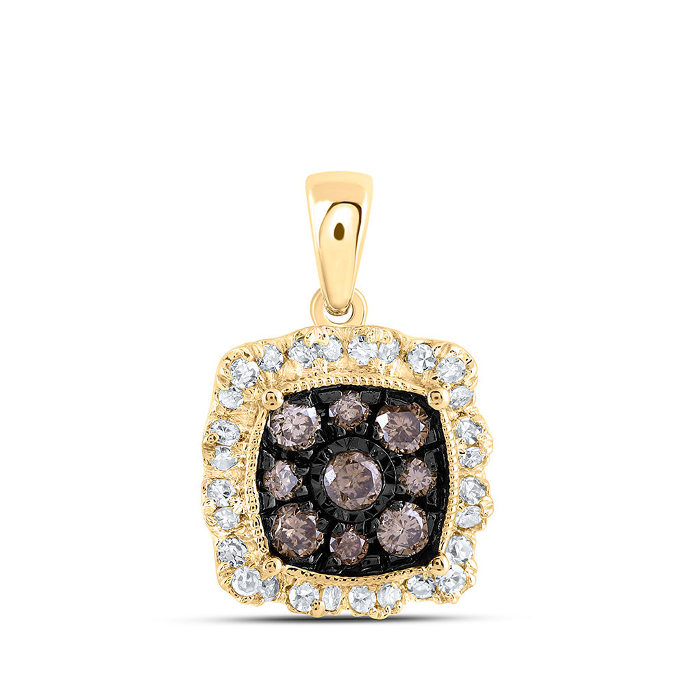10K Yellow Or Rose Gold Womens Round Brown Diamond Square Pendant