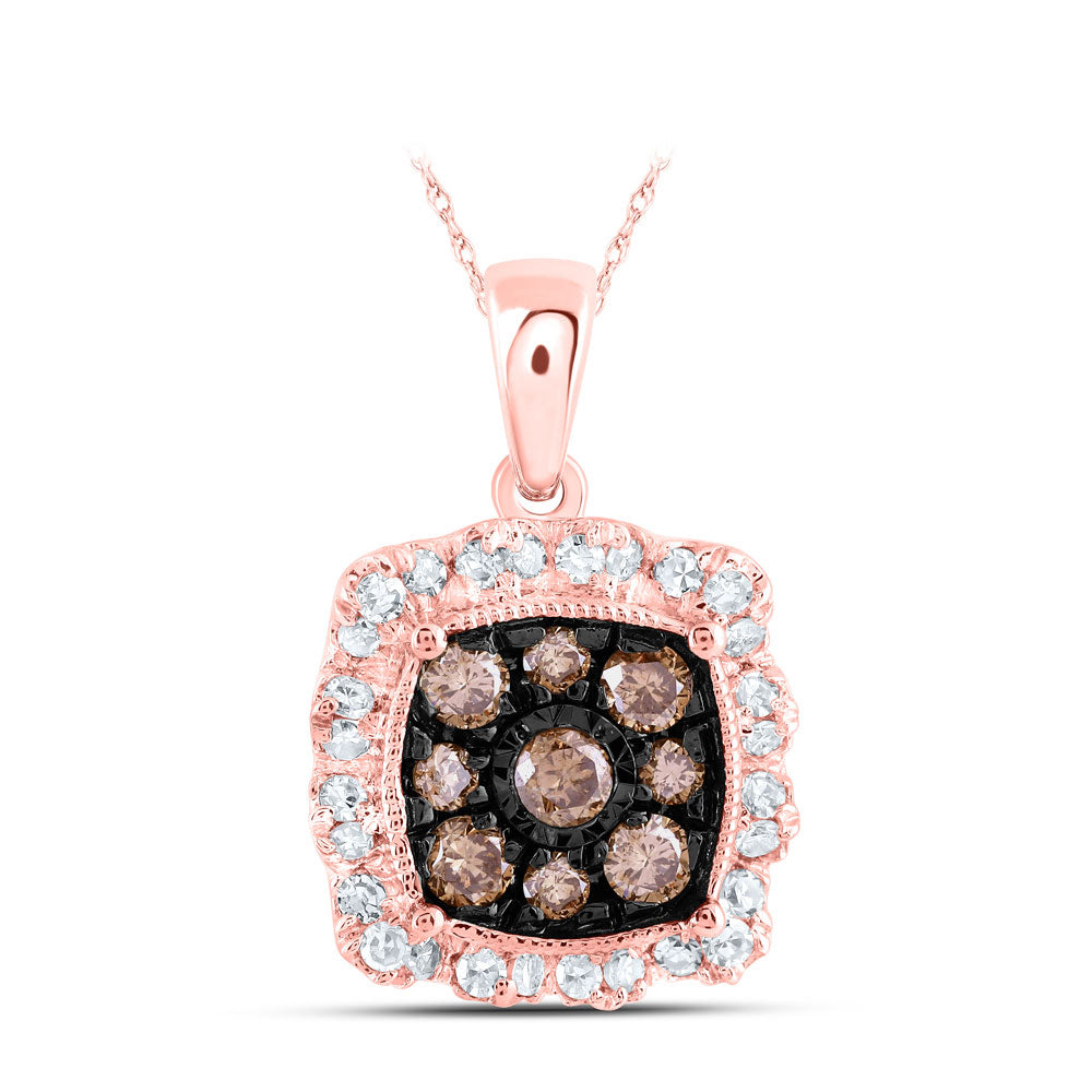 10K Yellow Or Rose Gold Womens Round Brown Diamond Square Pendant