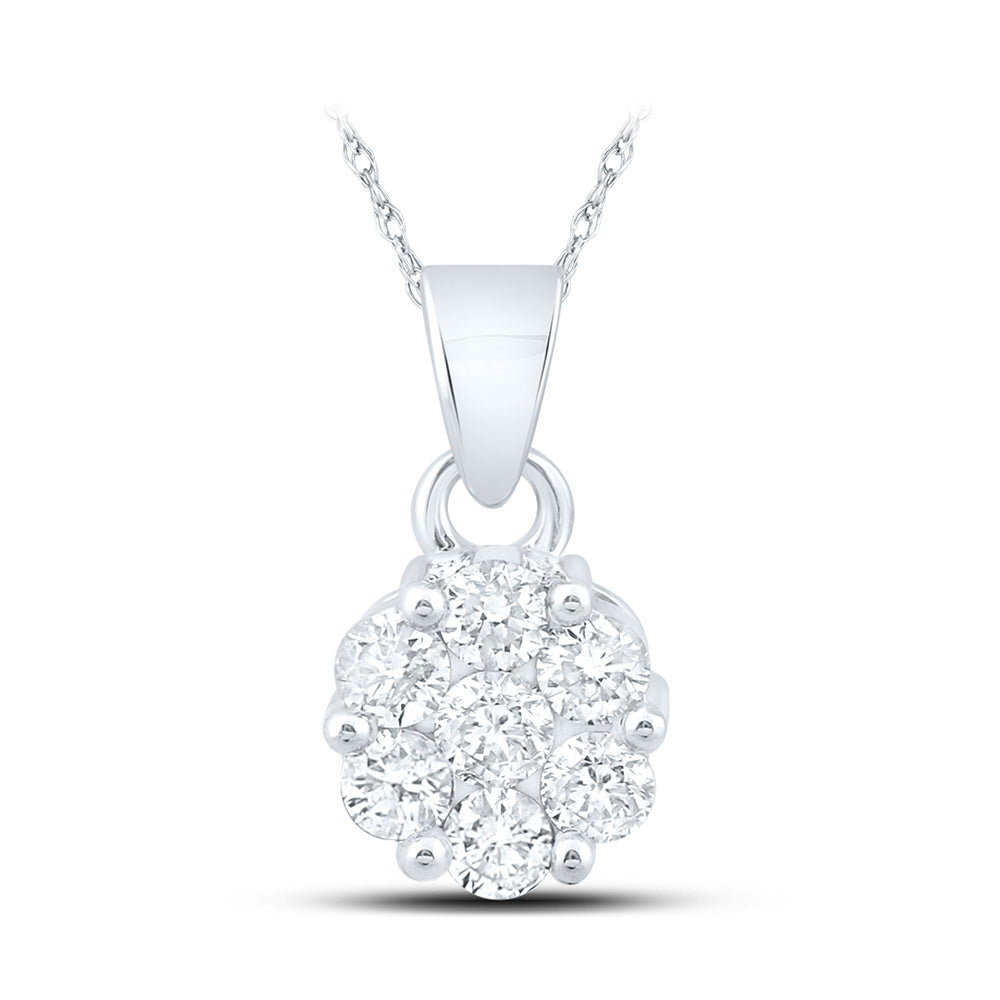 14K White Gold Womens Round Diamond Flower Cluster Pendant 1 Cttw