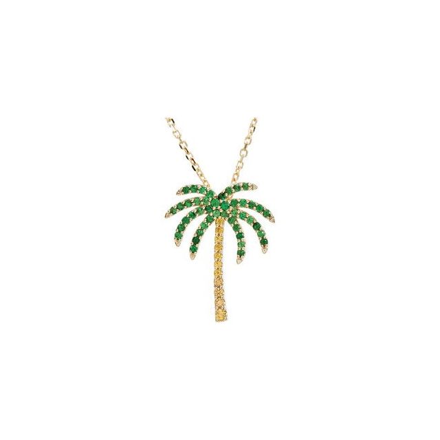 14K Yellow Gold 19 X 15.25 Mm 18 In Polished Natural Tsavorite Garnet And Natural Yellow Sapphire Palm Tree Necklace