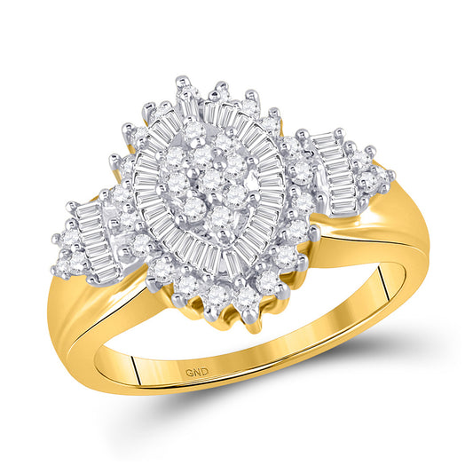 10K Yellow Gold Womens Round Baguette Diamond Oval Cluster Ring 1/2 Cttw, Womens Size: 5-10