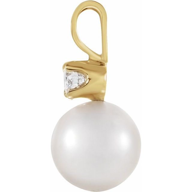 14K Yellow Gold 6Mm I1, G-H Polished Cultured White Akoya Pearl And .025 Ctw Natural Diamond Pendant