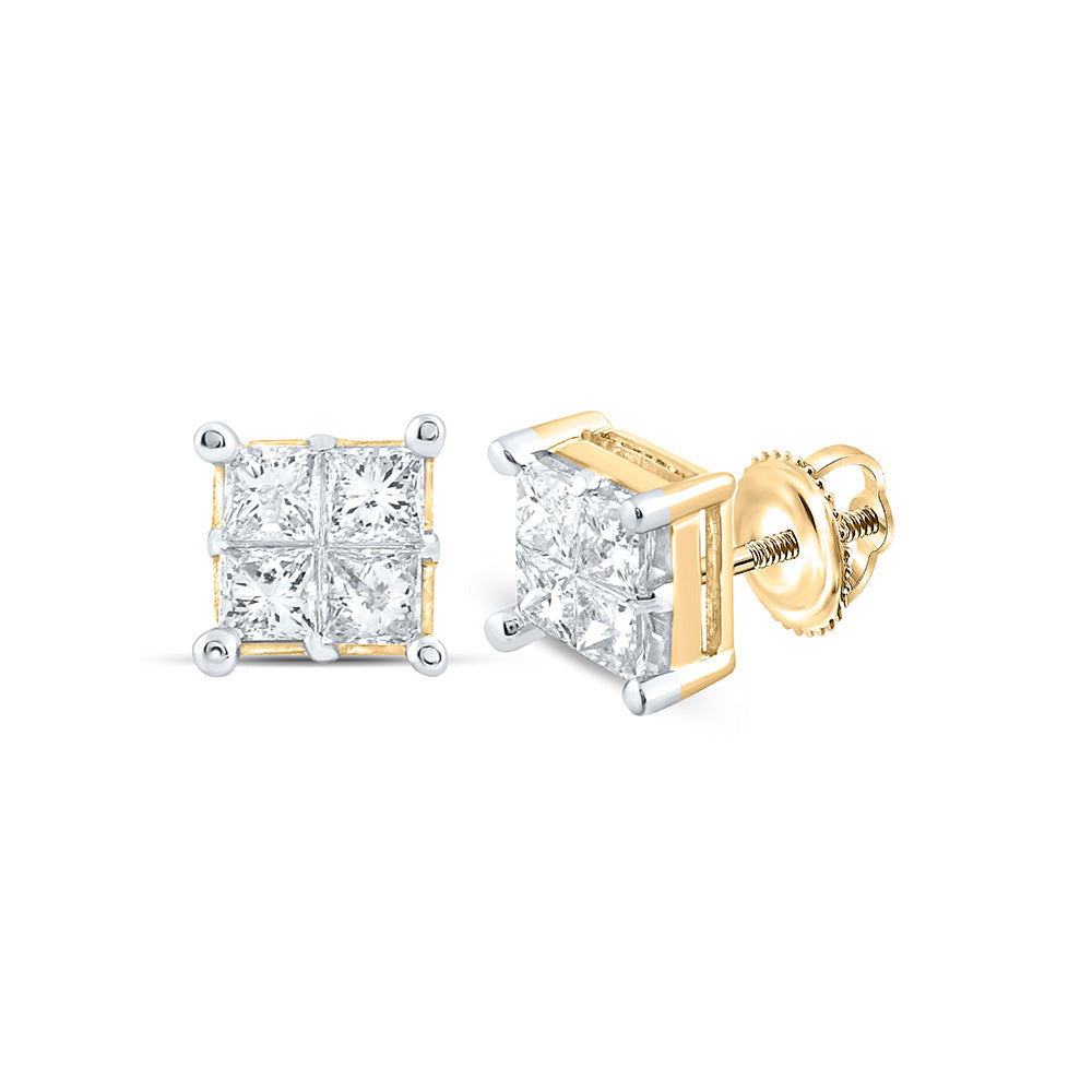 14K Yellow Gold Womens Princess Diamond Square Cluster Earrings 1 Cttw, Length: 0.28 In, Width: 0.28 In