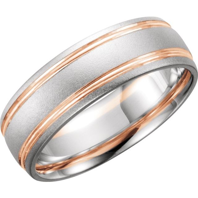 14K White/Rose Gold Polished Grooved Comfort-Fit Band With Bead Blast Finish, Size 14.5