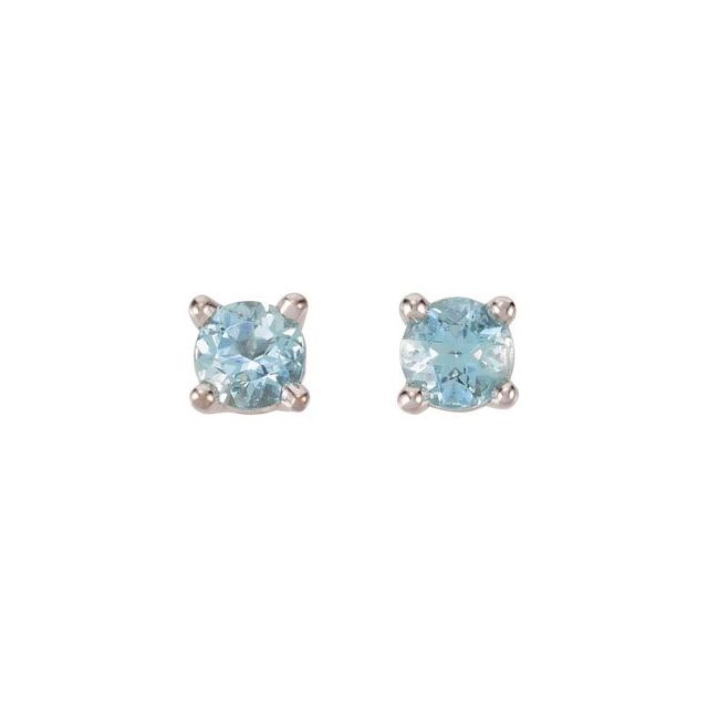 14K White Gold 3 Mm Round Friction Back Polished Natural Blue Aquamarine Earrings