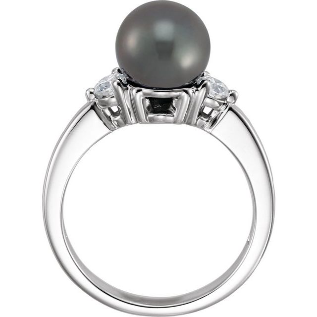 14K White Gold 8 Mm Polished Cultured Black Akoya Pearl And 1/4 Ctw Natural Diamond Ring, Size 6