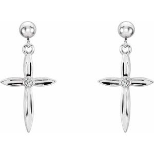 14K White Gold Round 1.7 Mm .04 Ctw Natural Diamond Cross And Ball Dangle Earrings