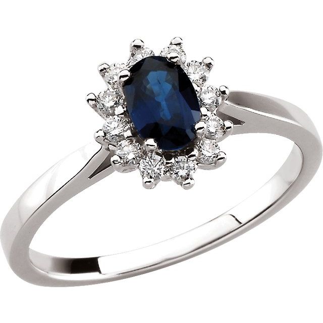 14K White Gold Oval 6 X 4 Mm Polished Natural Blue Sapphire And 1/6 Ctw Natural Diamond Ring, Size 6