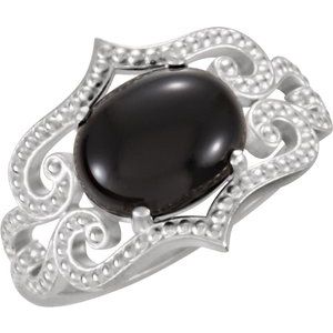 Sterling Silver Natural Black Onyx Oval 10 X 8 Mm Polished Natural Onyx Granulated Ring Size 7