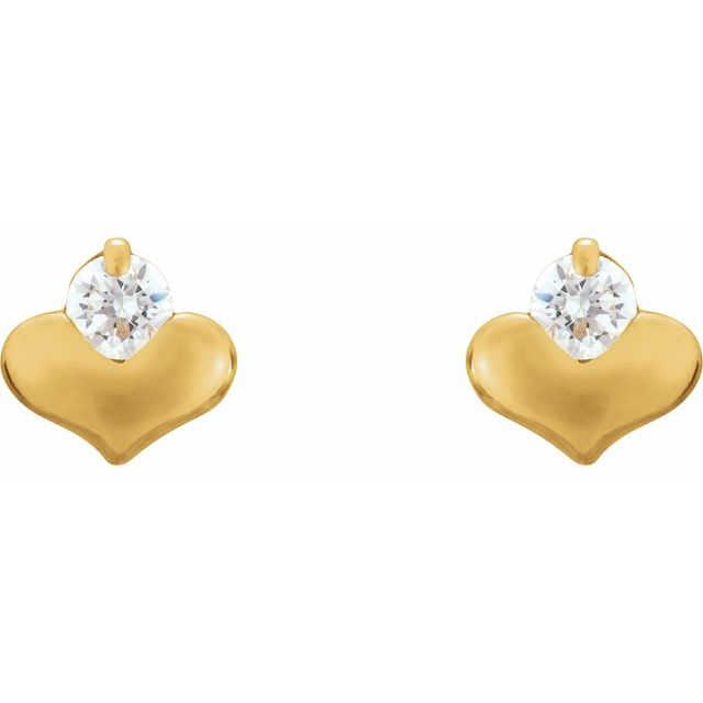 14K Yellow Gold Round 2.25 Mm Threaded 2-Prong Polished Imitation White Cubic Zirconia Heart Earrings