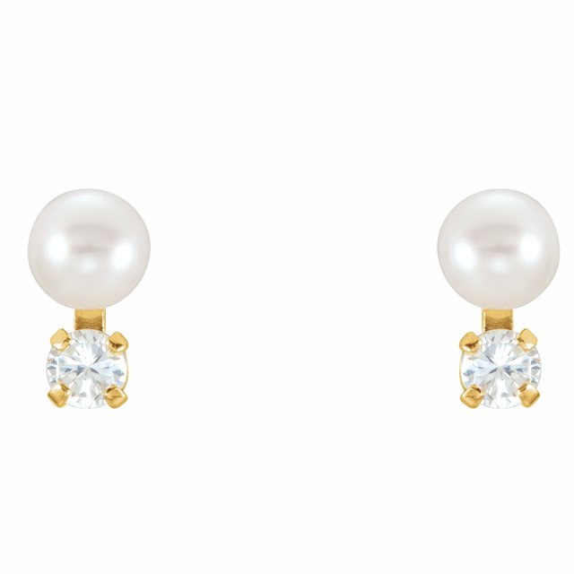 14K Yellow Gold 3.5Mm Threaded Back Polished Youth Button Cultured White Freshwater Pearl & Imitation White Cubic Zirconia Earrings