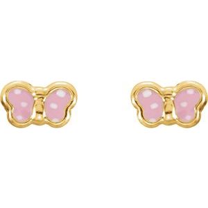 14K Yellow Gold 7 X 4 Mm Pair Threaded Backs Polished Pink Enamel Youth Butterfly Earrings