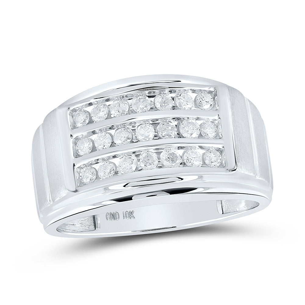 10K White Gold Mens Round Diamond Triple Row Band Ring 1/2 Cttw, Mens Size: 7-13
