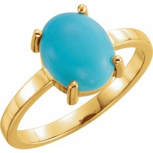 14K Yellow Gold Natural Turquoise Oval 10 X 8 Mm Polished Natural Turquoise Cabochon Ring Size 7