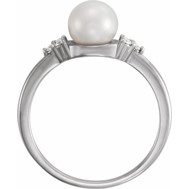 14K White Gold 6.5-7.0 Mm Polished Cultured White Freshwater Pearl And .09 Ctw Natural Diamond Ring, Size 7