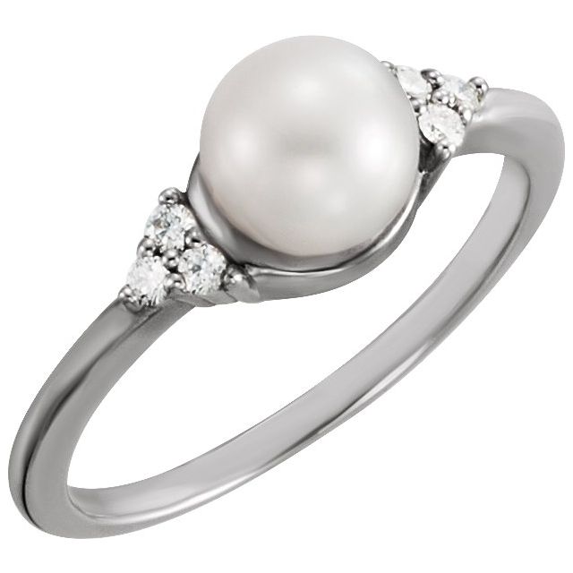 14K White Gold 6.5-7.0 Mm Polished Cultured White Freshwater Pearl And .09 Ctw Natural Diamond Ring, Size 7