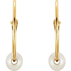 14K Yellow Gold Pearl 3 Mm Cultured White Freshwater Pearl Youth Hoop Earrings