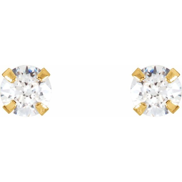 14K Yellow Gold Round 3 Mm Threaded Back Polished Youth Imitation White Cubic Zirconia Earrings