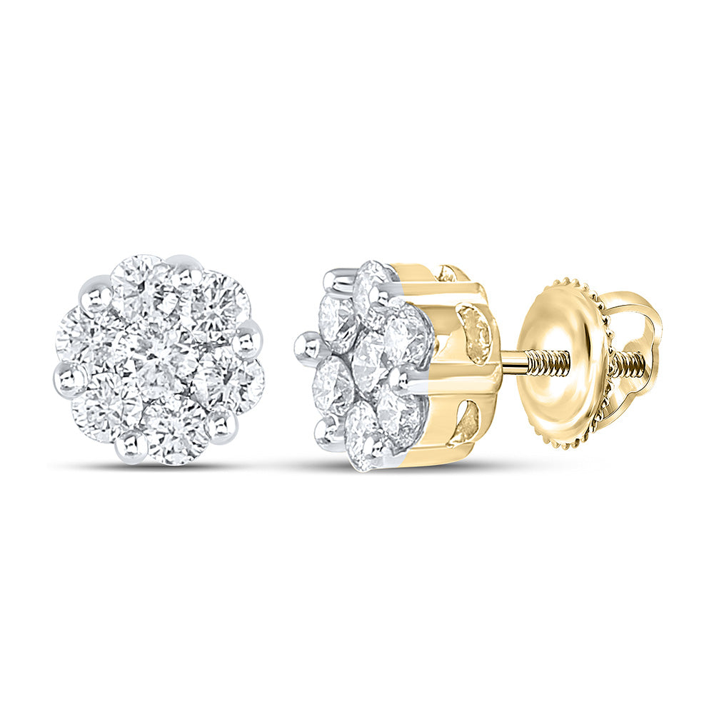 14K White Or Yellow Gold Womens Round Diamond Flower Cluster Earrings