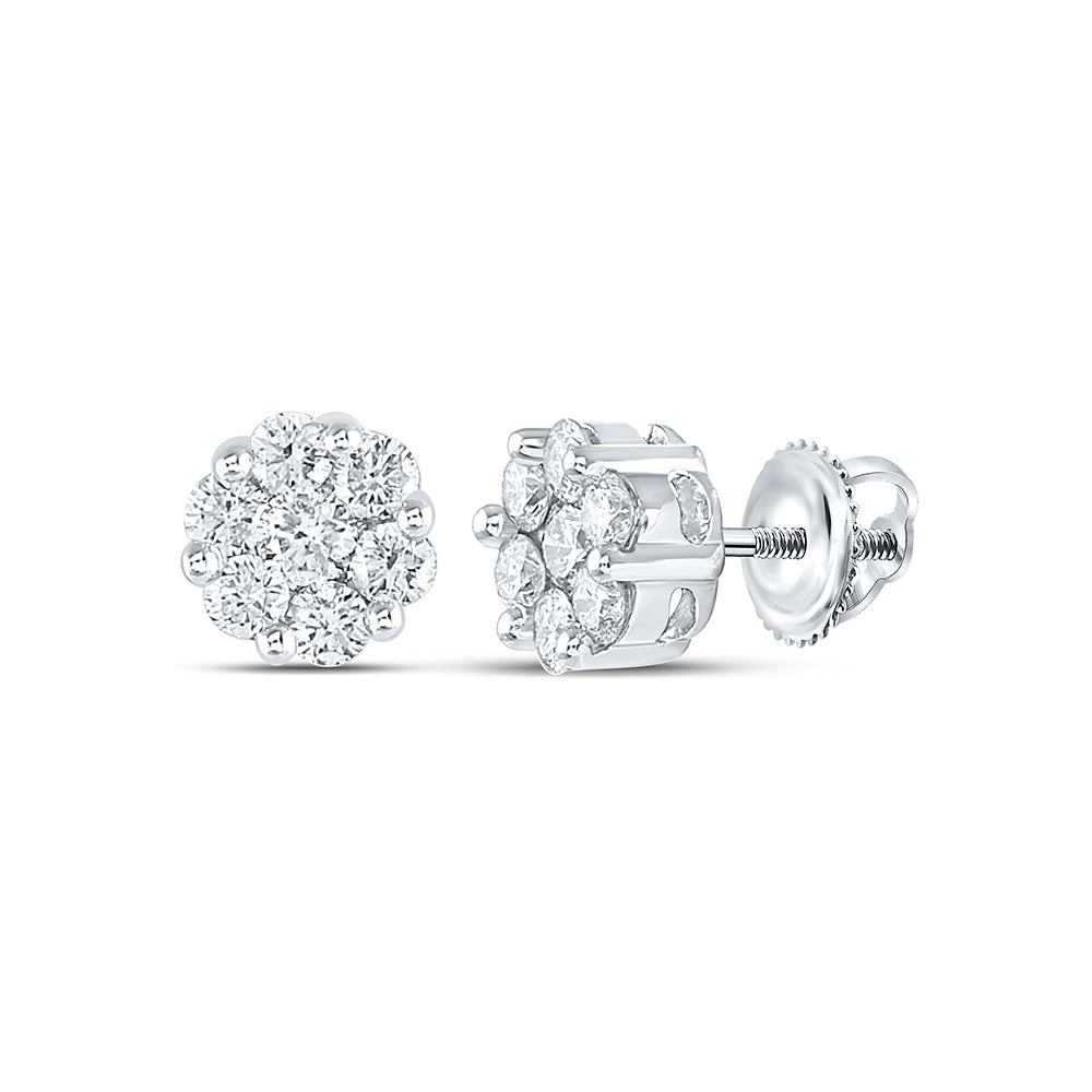 14K White Or Yellow Gold Womens Round Diamond Flower Cluster Earrings