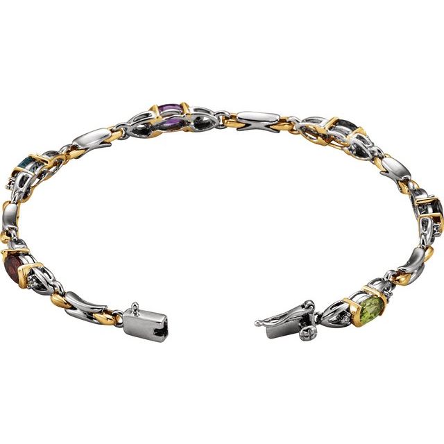 14K White/Yellow Gold Oval I1, G-H 7 1/2 In Polished Natural Diamond Accented Multi-Gemstone Line Bracelet