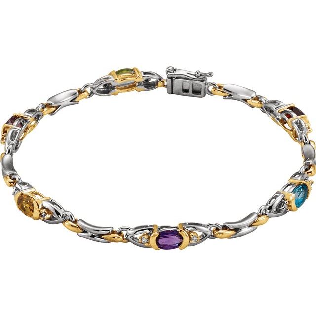 14K White/Yellow Gold Oval I1, G-H 7 1/2 In Polished Natural Diamond Accented Multi-Gemstone Line Bracelet
