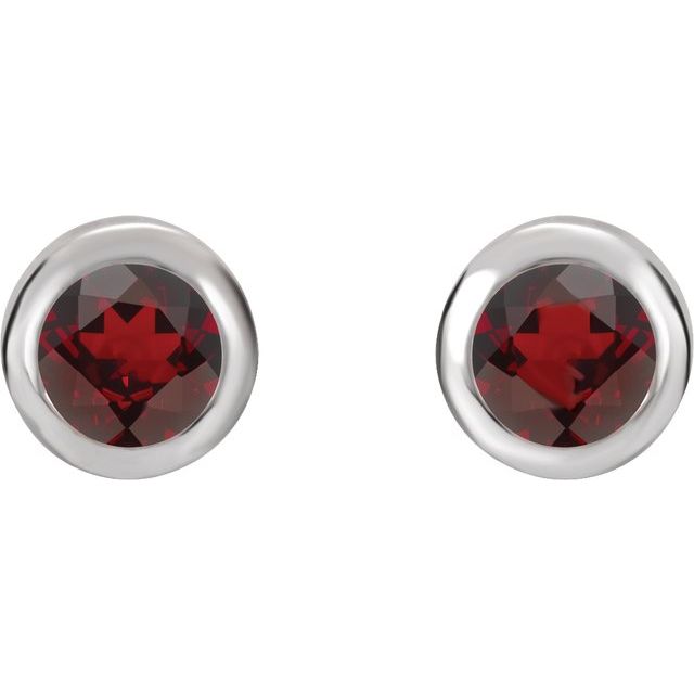 Rhodium-Plated Sterling Silver Round Pair 4 Mm Friction Bezel Polished Natural Mozambique Garnet Earrings With Backs