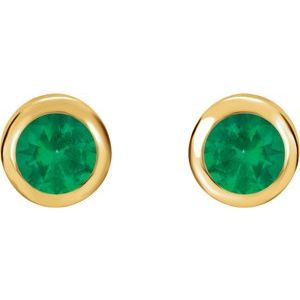 14K Yellow Gold Round Shape 4 Mm Lab-Grown Emerald Bezel Earrings With Backs