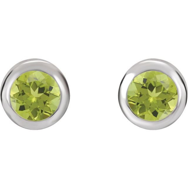 Rhodium-Plated Sterling Silver Round Pair 4 Mm Friction Bezel Polished Natural Peridot Earrings With Backs