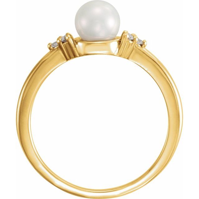 14K Yellow Gold 5.5-6.0 Mm Polished Cultured White Freshwater Pearl And .06 Ctw Natural Diamond Ring, Size 7
