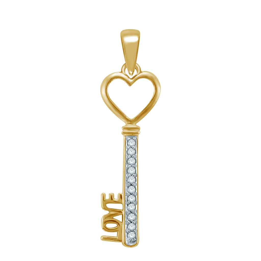 10k Yellow Gold 0.07-0.09 Cttw Round Diamonds Ladies Key "Heart" Charm Pendant