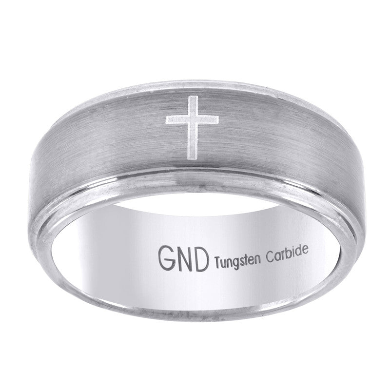 Tungsten Brushed Center Laser Itched Cross Mens Comfort-fit 8mm Sizes 7 - 14 Wedding Band