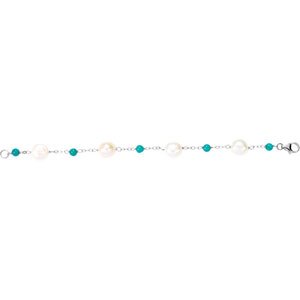 Sterling Silver Pearl 10.0-11.0 Mm Cultured White Freshwater Pearl And Natural Turquoise Bracelet, Length: 7.5 In