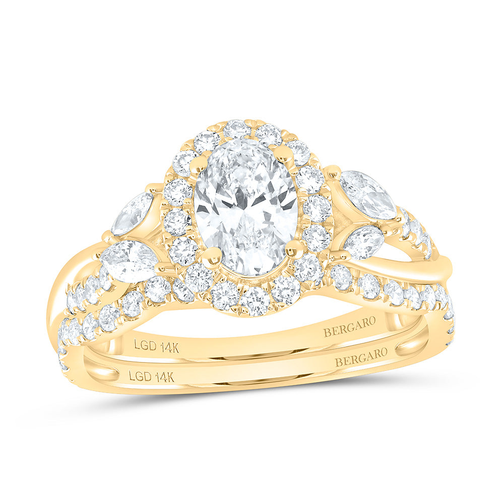 14K Yellow Or White Gold 1 1/2 Cttw Lab Grown Diamond 3/4 Cttw Center Oval Single Halo Bridal Set