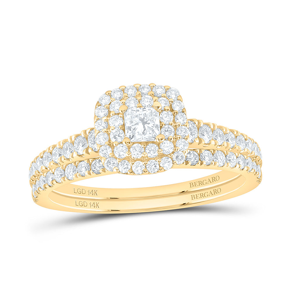 14K Yellow Or White Gold 7/8 Cttw Lab Grown Diamond 1/6 Cttw Center Round Cushion Double Halo Bridal Set