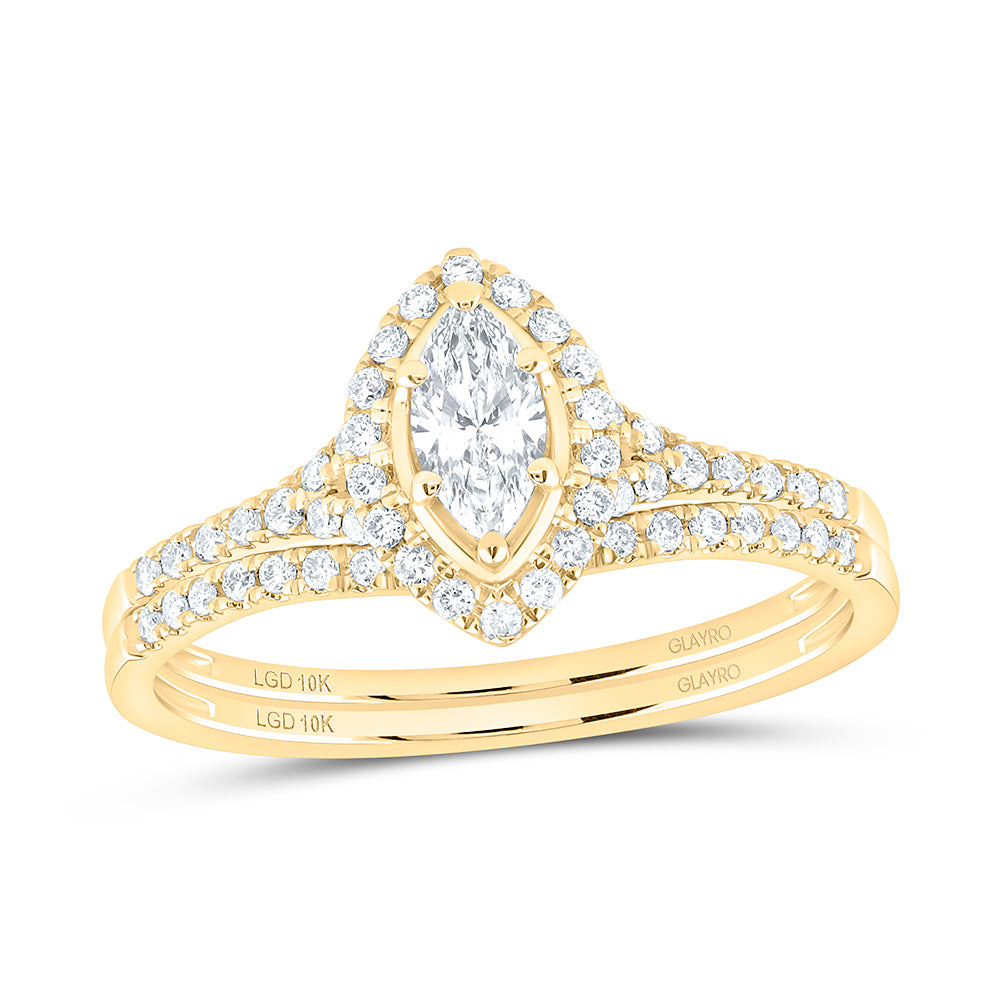 10K Yellow Or White Gold 1/2 Cttw Lab Grown Diamond 1/4 Cttw Center Marquise Single Halo Bridal Set