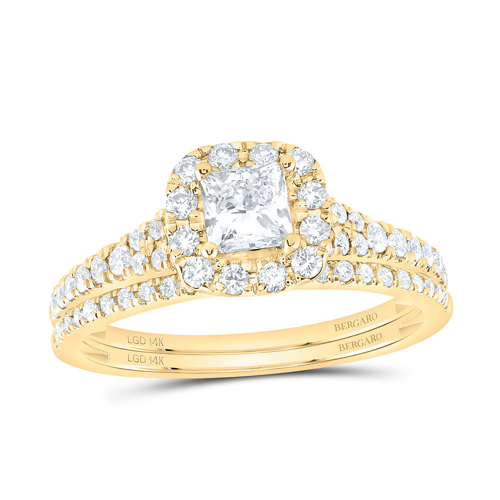 14K Yellow Or White Gold 1 Cttw Lab Grown Diamond 1/2 Cttw Center Princess Single Halo Bridal Set