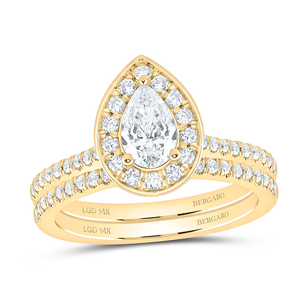 14K Yellow Or White Gold 1 Cttw Lab Grown Diamond 1/2 Cttw Center Pear Single Halo Bridal Set