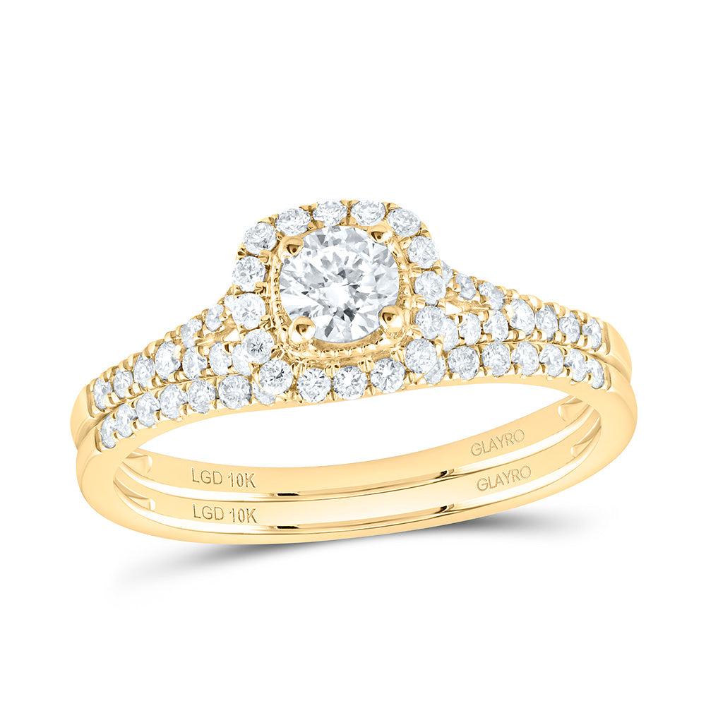 10K Yellow Or White Gold 1/2 Cttw Lab Grown Diamond 1/5 Cttw Center Round Cushion Single Halo Bridal Set