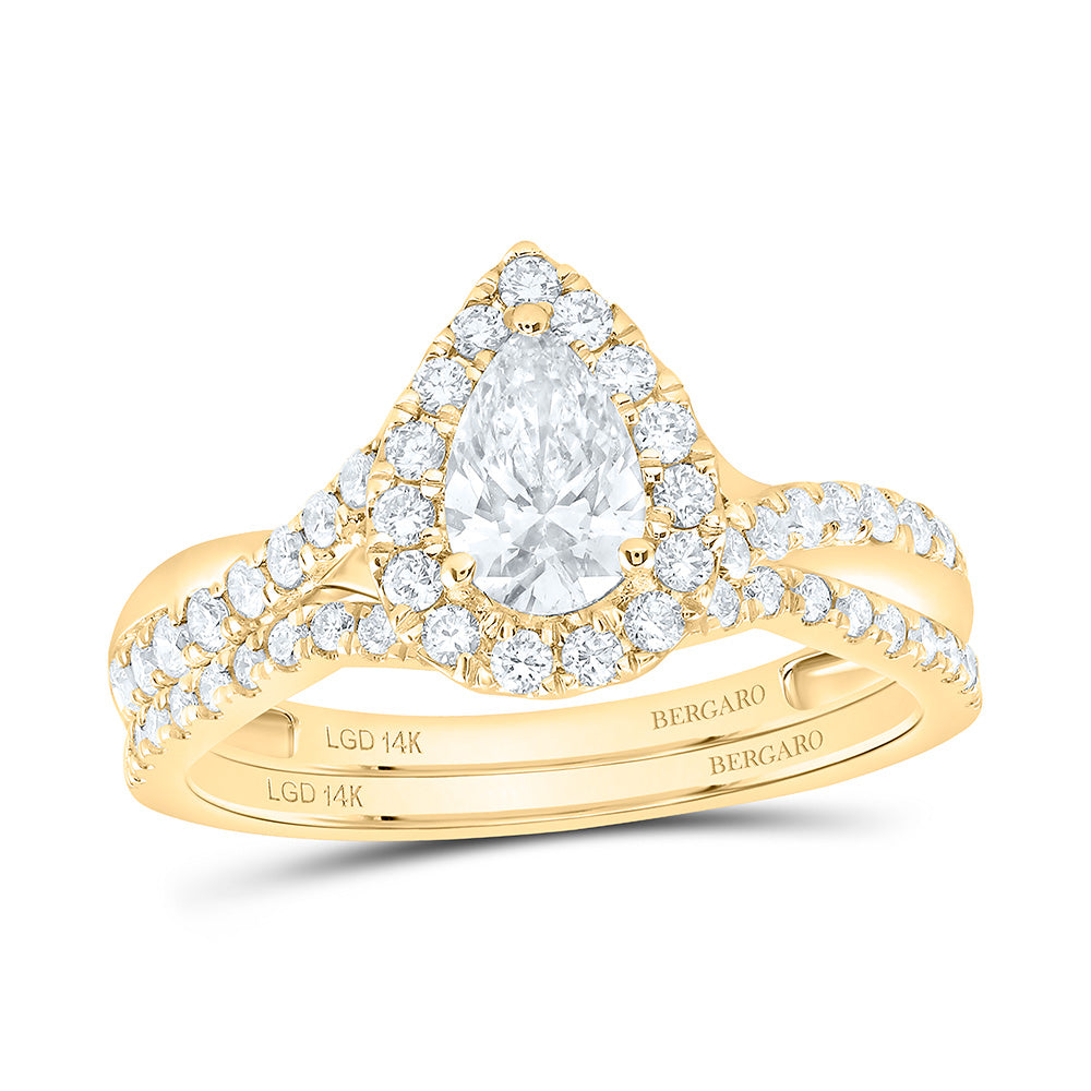 14K Yellow Or White Gold 1 Cttw Lab Grown Diamond 1/2 Cttw Center Pear Single Halo Bridal Set