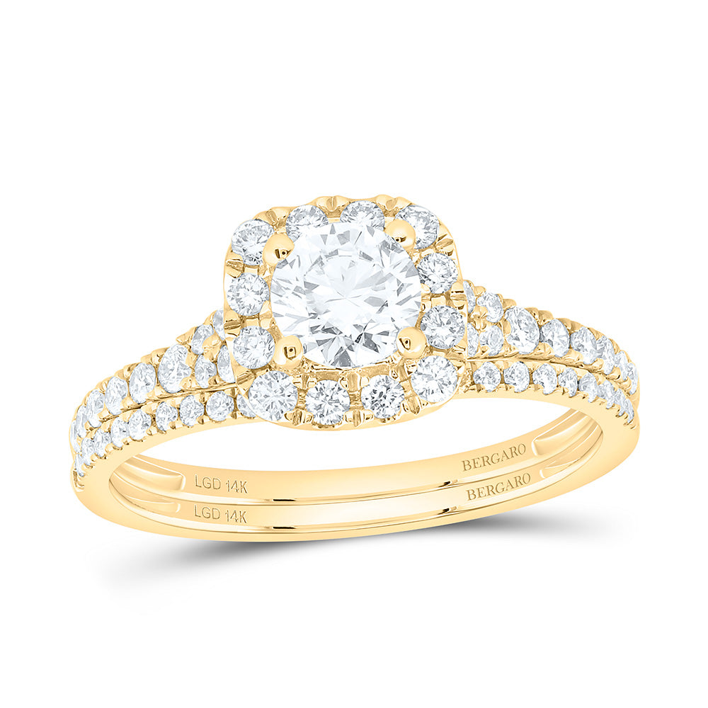 14K Yellow Or White Gold 1 Cttw Lab Grown Diamond 1/2 Cttw Center Round Cushion Single Halo Bridal Set