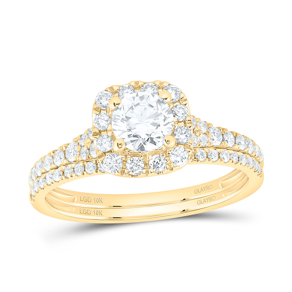 10K Yellow Or White Gold 1 Cttw Lab Grown Diamond 1/2 Cttw Center Round Cushion Single Halo Bridal Set